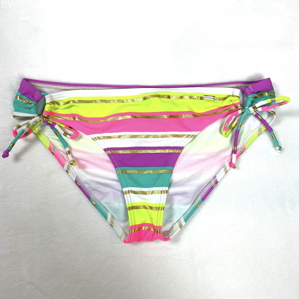 NWT Lascana Rainbow Metallic Gold Stripe Bikini Bottoms Low Rise Y2K Style 8